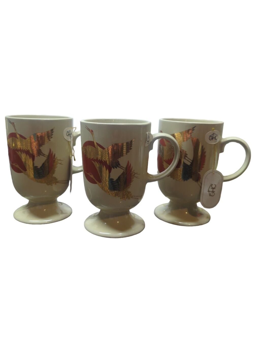 Japan Asian Gold Tancho Crane Bird Red Rising Sun Luck Haiku Coffee Mug Cup Vtg